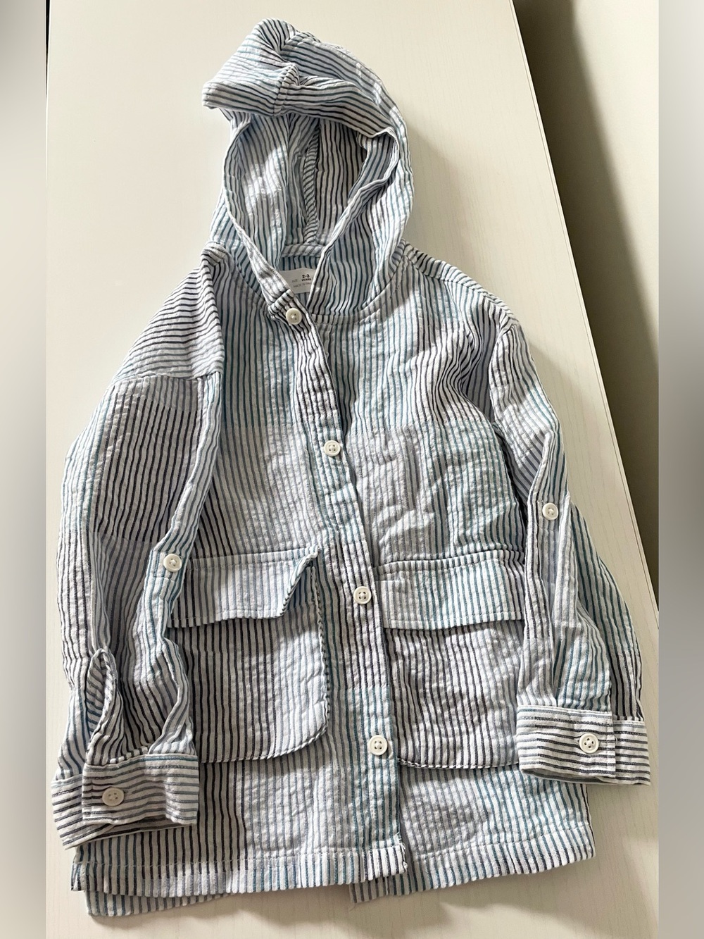 Zara Blue & White Striped Hooded Shirt Jacket